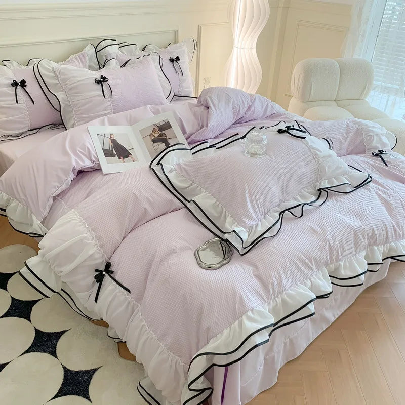 Korean Seersucker Bedding Set Princess Girls Lace Ruffled Bow Duvet Cover Double Bed Sheets Washed Cotton Twin Queen Quilt Cover