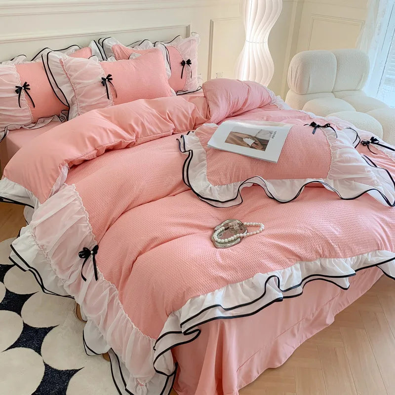 Korean Seersucker Bedding Set Princess Girls Lace Ruffled Bow Duvet Cover Double Bed Sheets Washed Cotton Twin Queen Quilt Cover